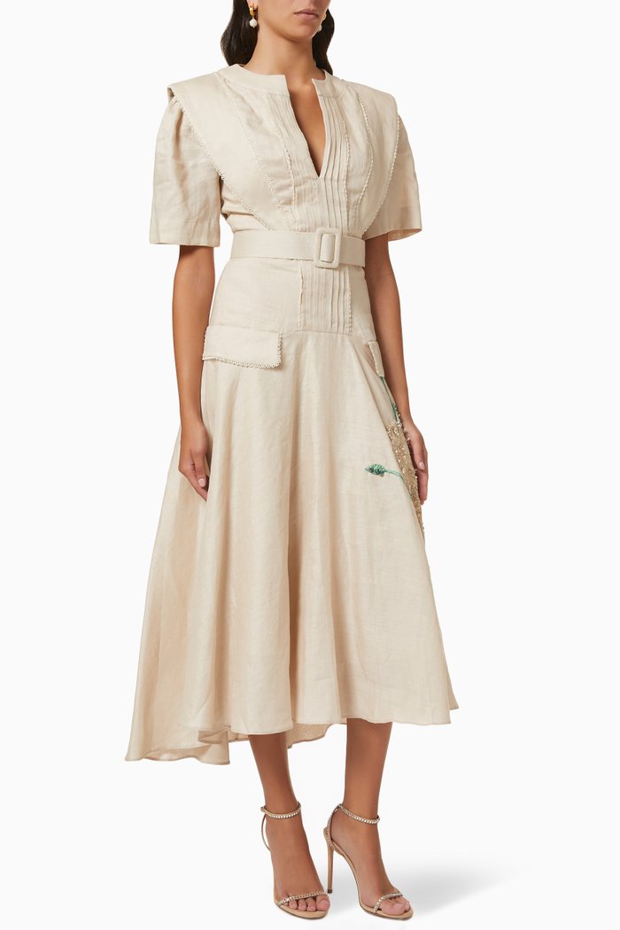 

Embellished Belted Dress in Linen, Neutral
