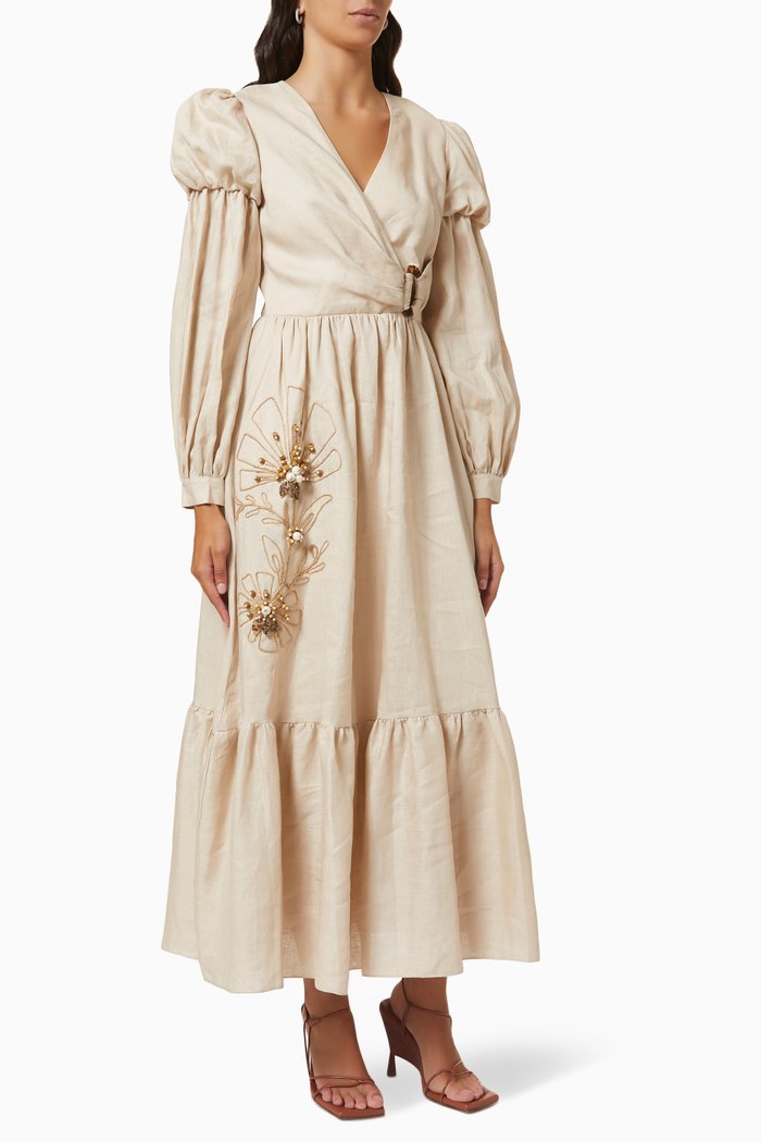 

Embellished Wrap Dress in Linen, Neutral