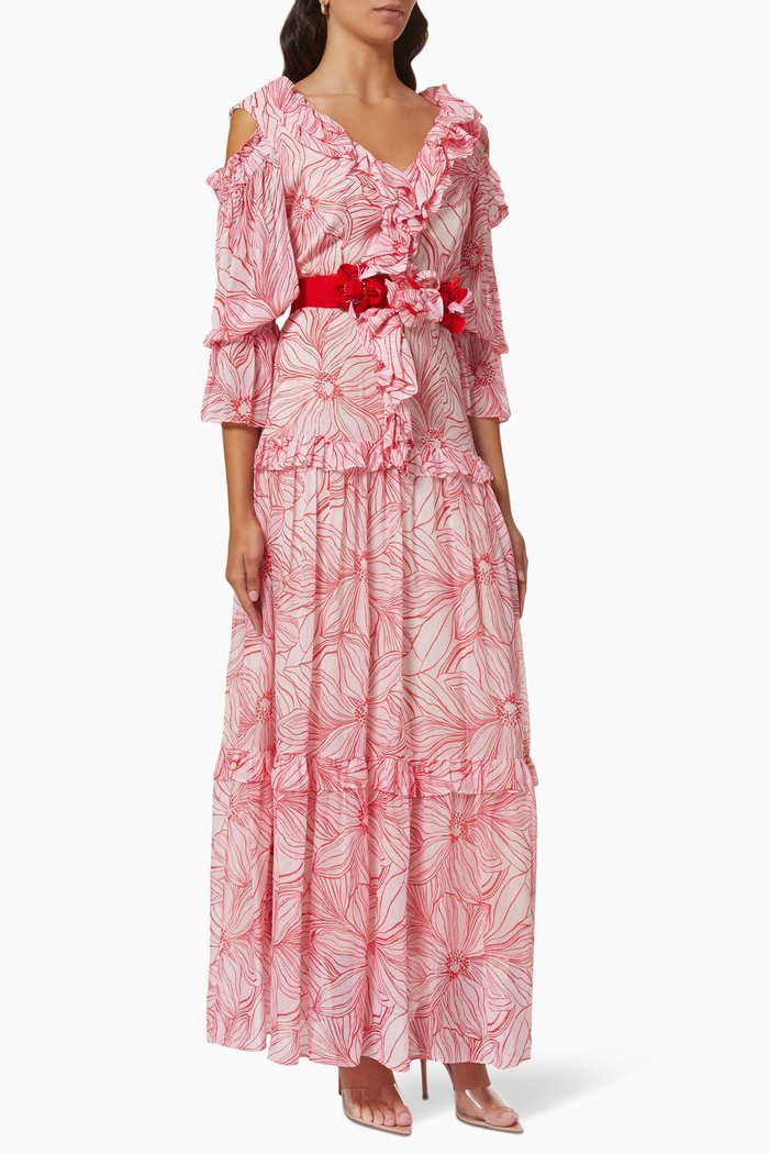 

Ruffle Tiered Dress in Chiffon, Red