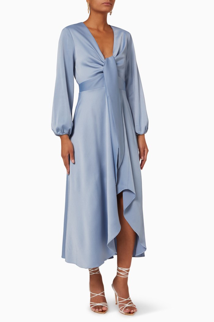 

Cherish Tie Midi Dress in Satin Back Crepe, Blue