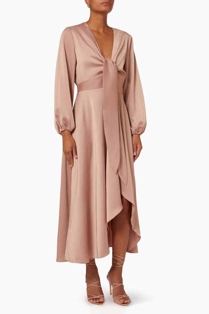 

Cherish Tie Midi Dress in Satin Back Crepe, Brown
