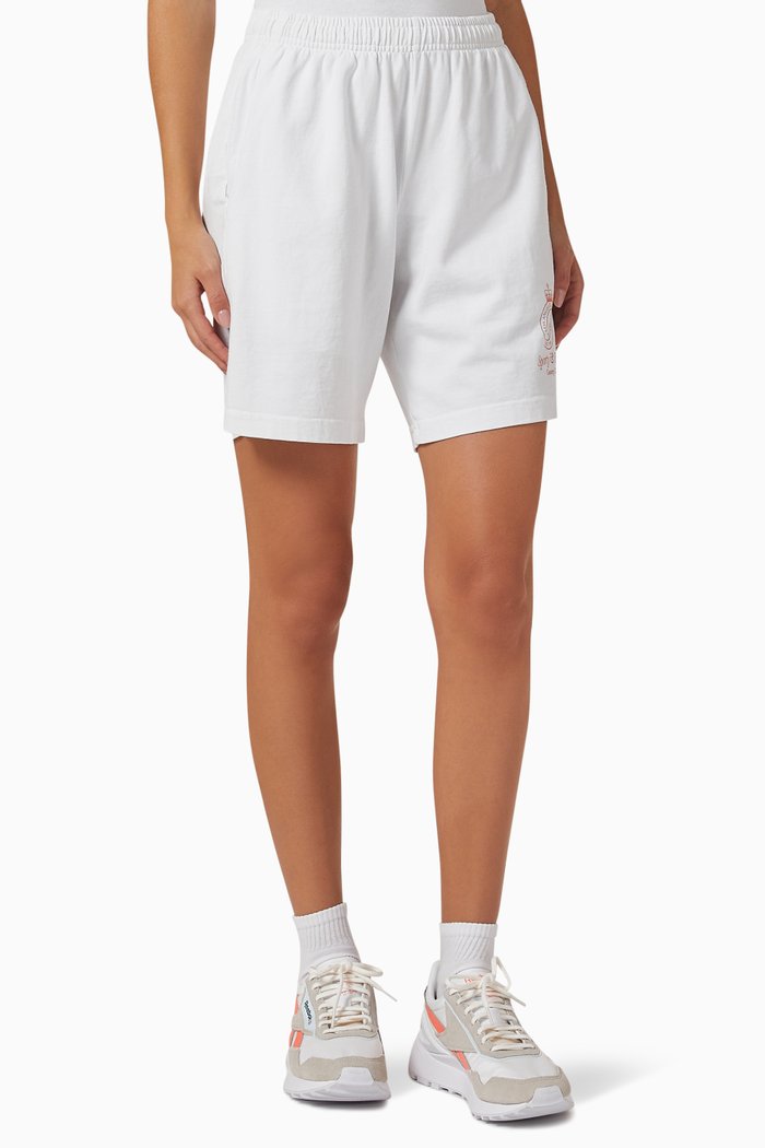 Crown Logo Print Gym Shorts in Cotton, White