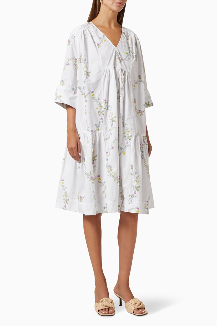 

Floral Print Dress in Cotton Poplin, White