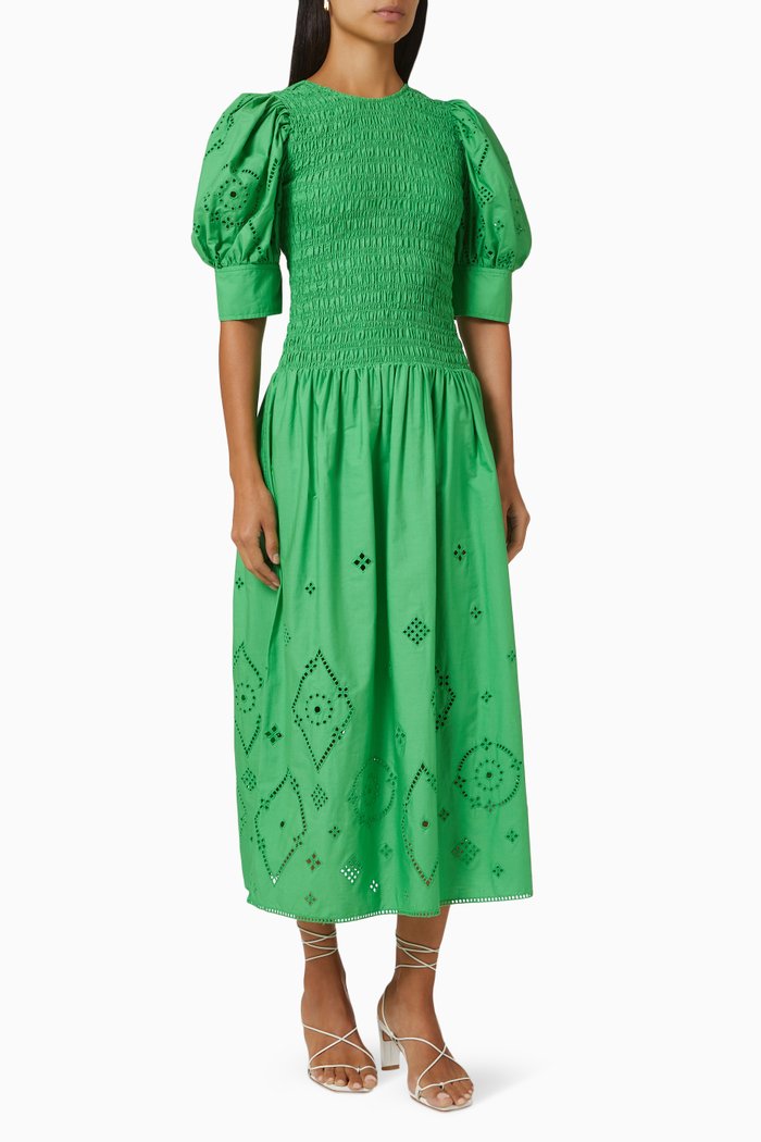 

Broderie Anglaise Midi Dress in Organic Cotton, Green