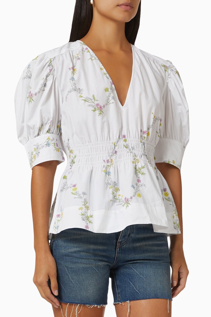 

Printed Peplum Top in Organic Cotton-poplin, White
