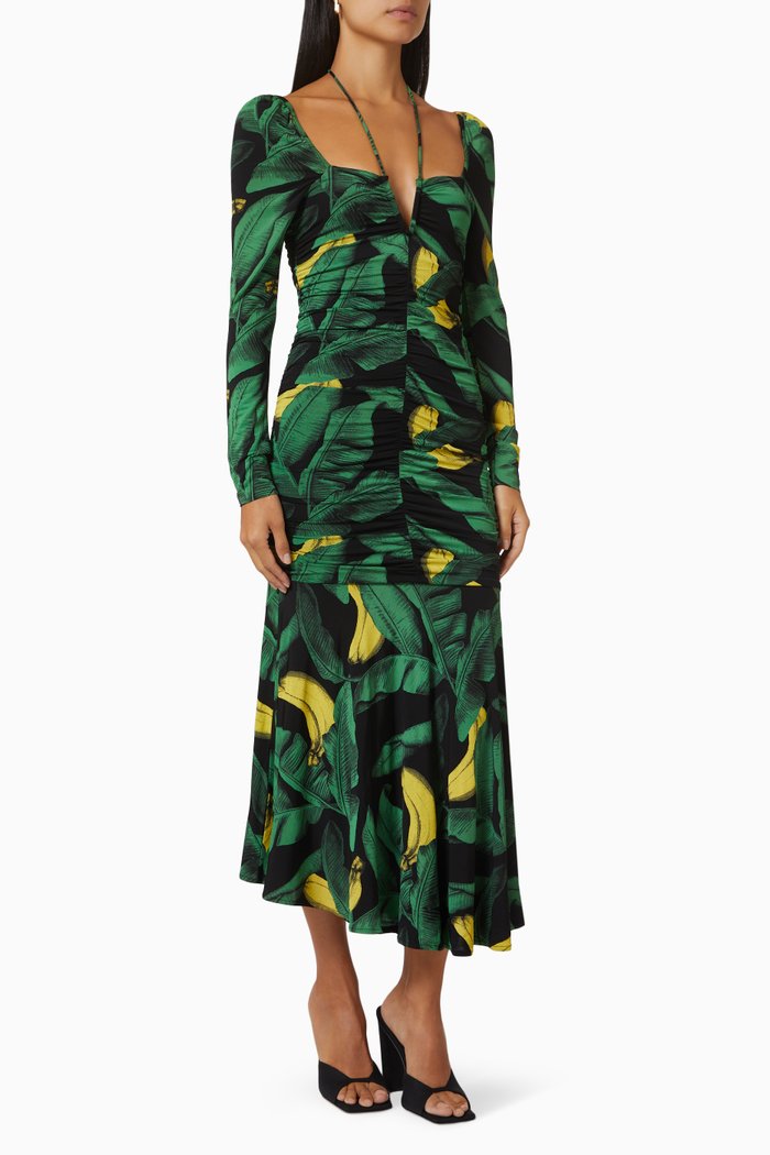 

Floral Midi Dress in Ruched-mesh, Black
