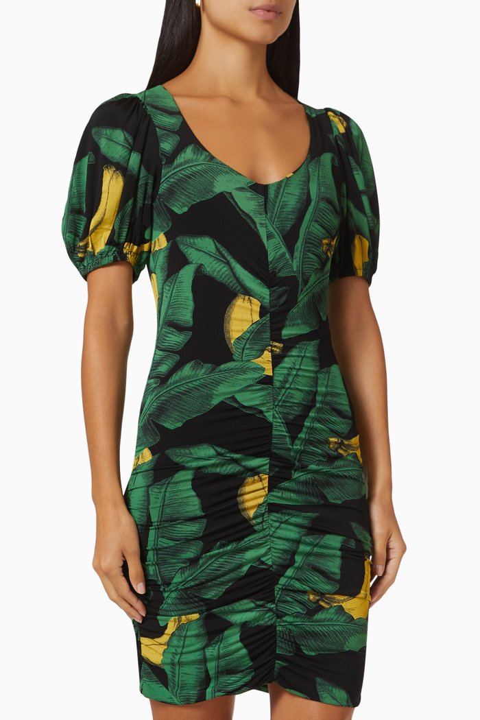 

Floral Mini Dress in Ruched-mesh, Black