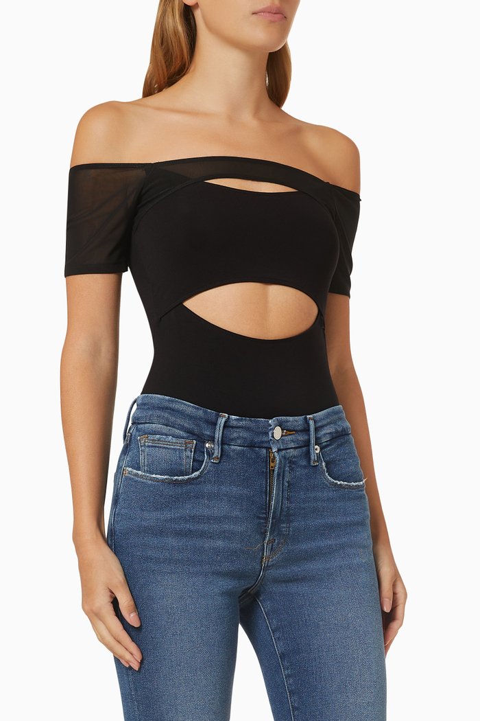 

Off Shoulder Cut Out Bodysuit in Stretch Rayon, Black