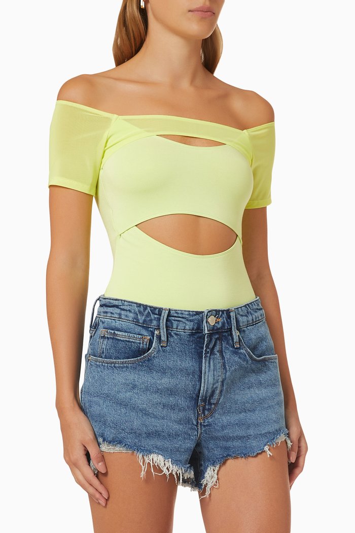 

Off Shoulder Cut Out Bodysuit in Stretch Rayon, Green
