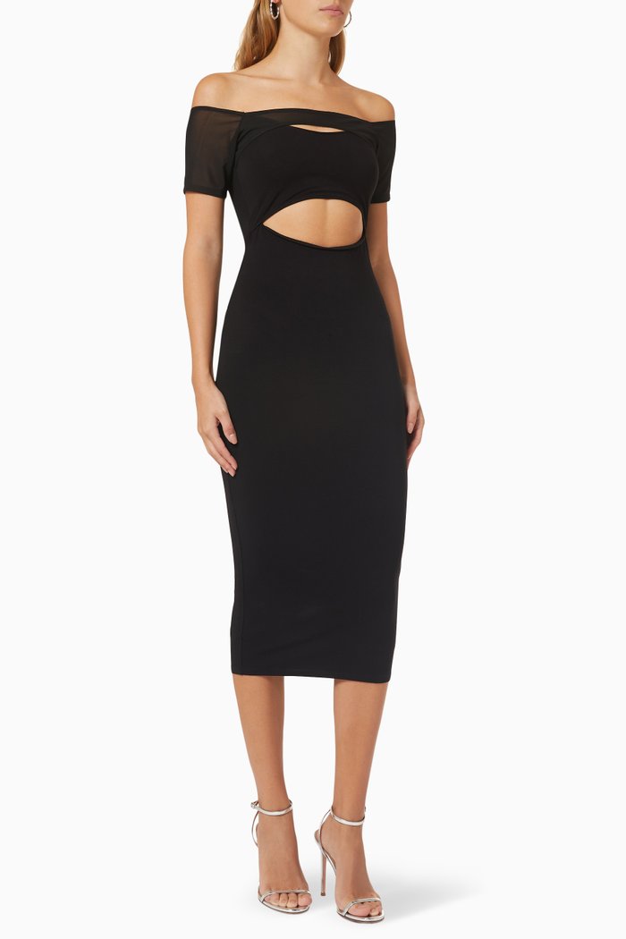 

Off Shoulder Cut Out Midi Dress in Stretch Rayon, Black