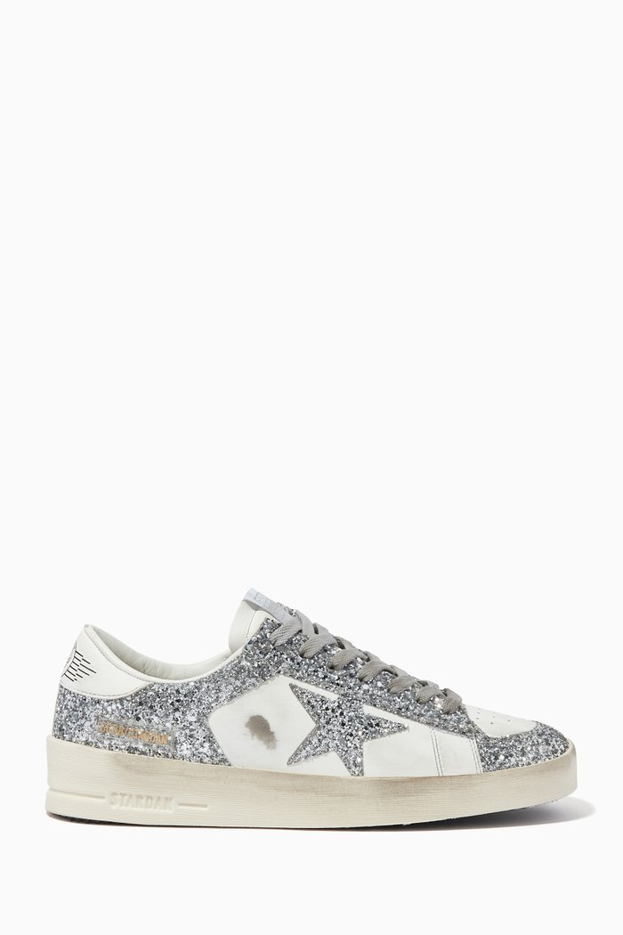Stardan Sneakers in Leather & Glitter Fabric, White
