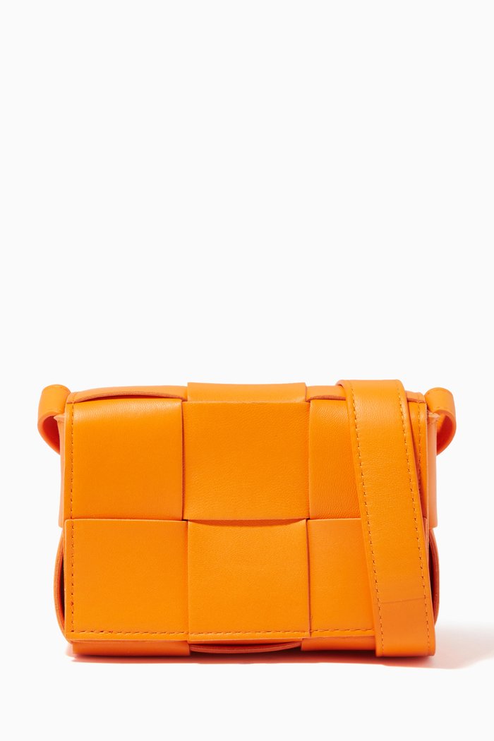

Cassette Mini Bag in Intreccio Leather, Orange