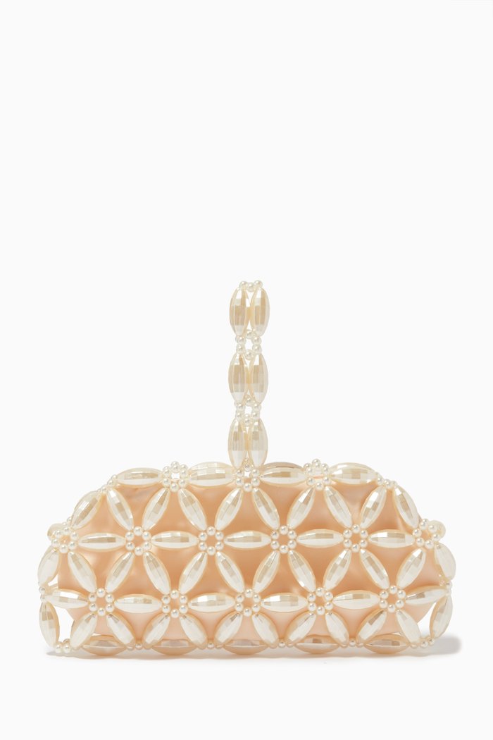 Tebea Clutch Bag in Acrylic Beads & Vegan Leather, Neutral