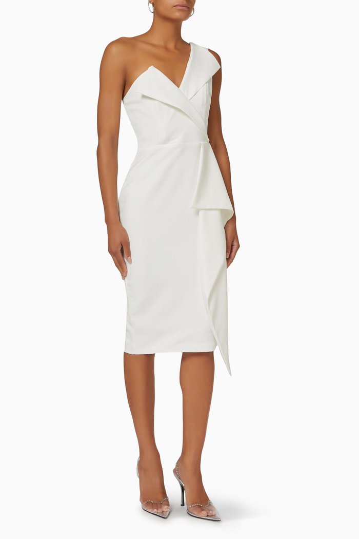 

Asymmetric Ruffle Midi Dress, White