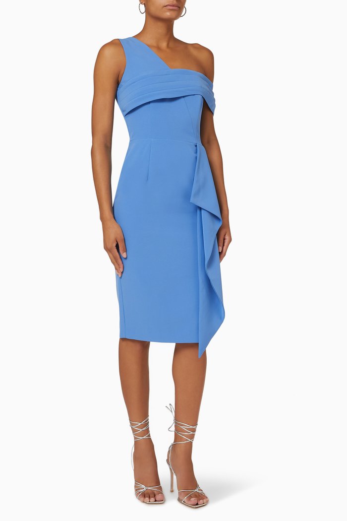 

Pleated Asymmetric Off-shoulder Midi Dress, Blue