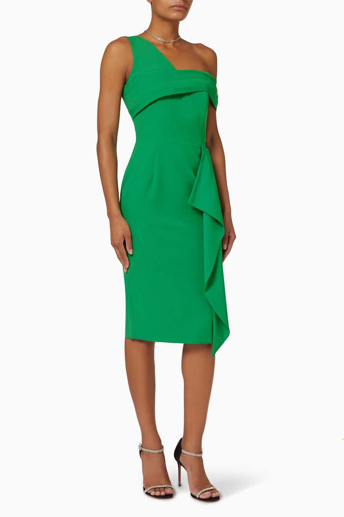 

Pleated Asymmetric Off-shoulder Midi Dress, Green
