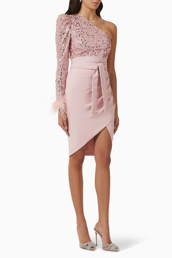 

Embellished One-shoulder Midi Dress, Pink