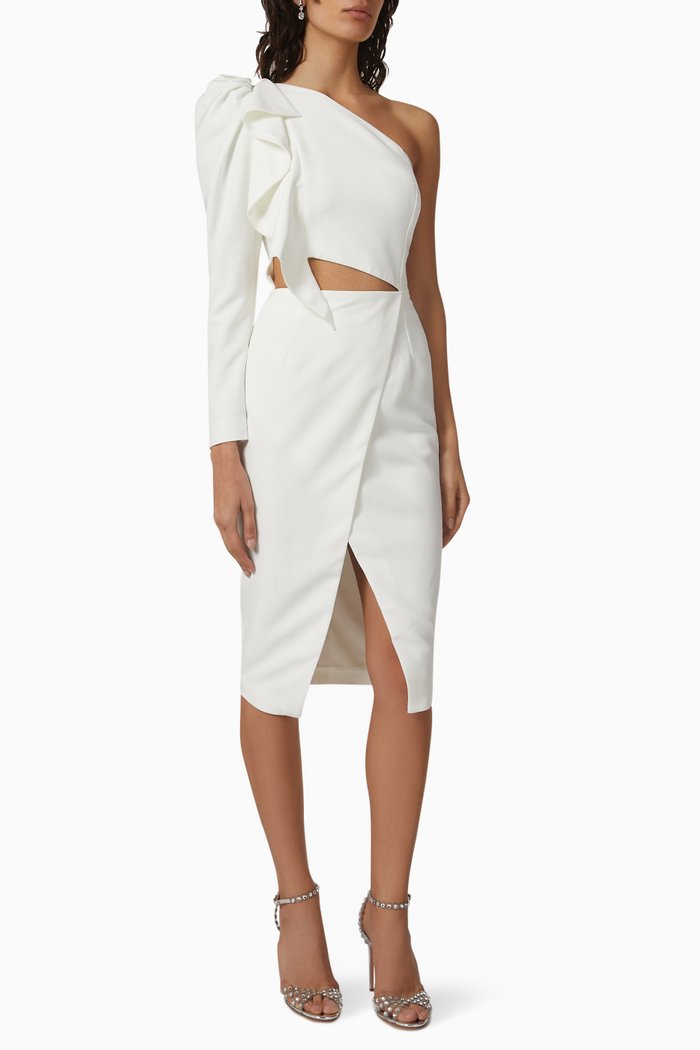 

One-shoulder Ruffle Wrap Midi Dress, White
