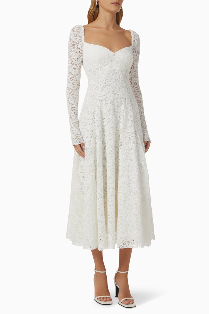 

Bustier Flare Midi Dress in Lace, White