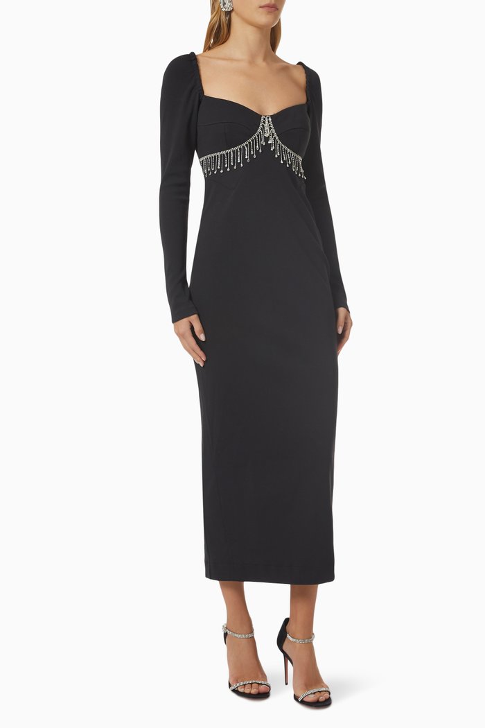

Embellished Bustier Pencil Midi Dress in Jersey, Black
