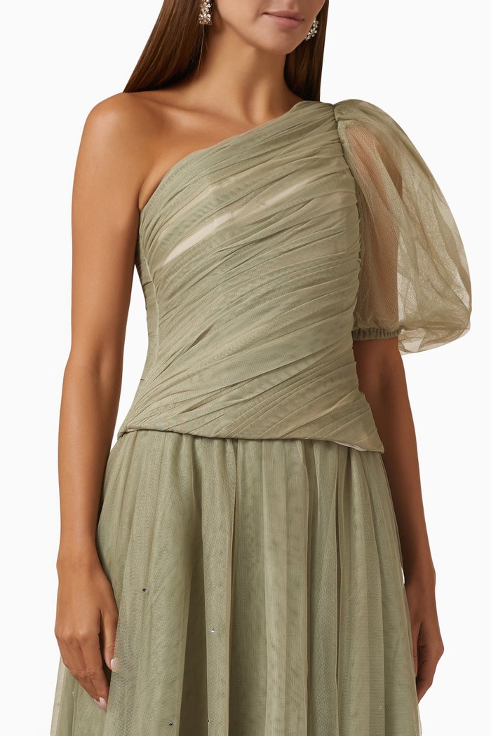 

One-shoulder Draped Top in Tulle, Green
