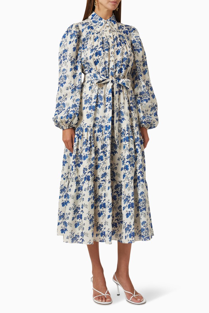 

Flourish Long-sleeve Midi Dress in Ramie, Blue