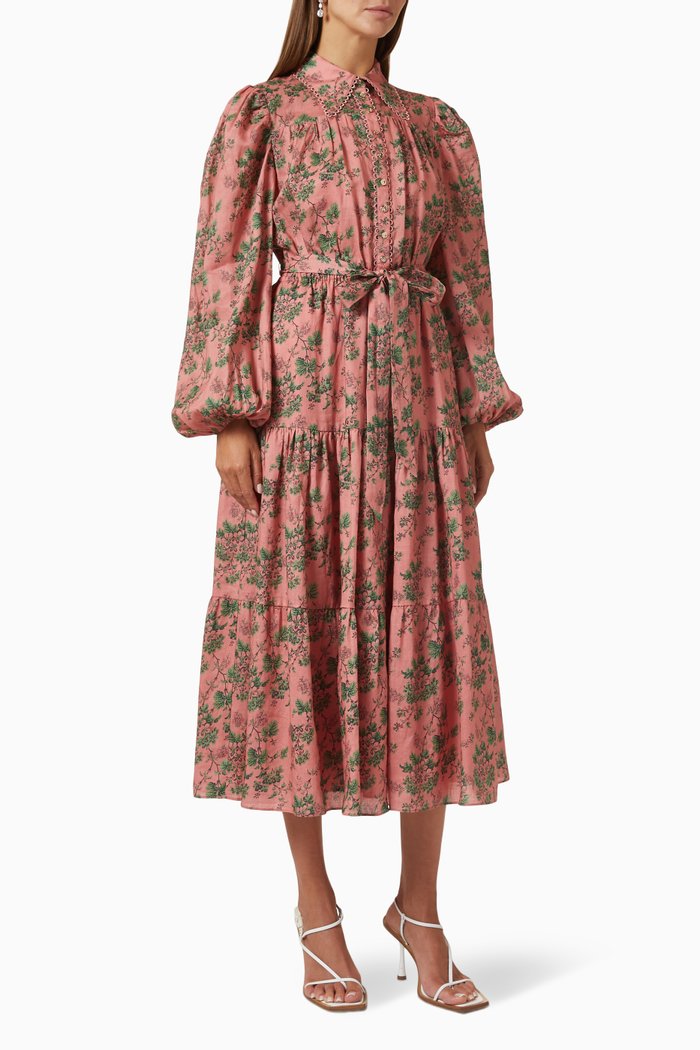 Flourish Long-sleeve Midi Dress in Ramie, Pink