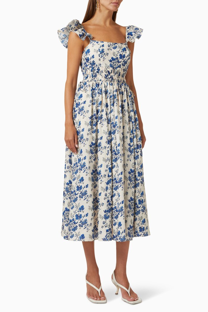 Flourish Midi Dress in Ramie, Blue