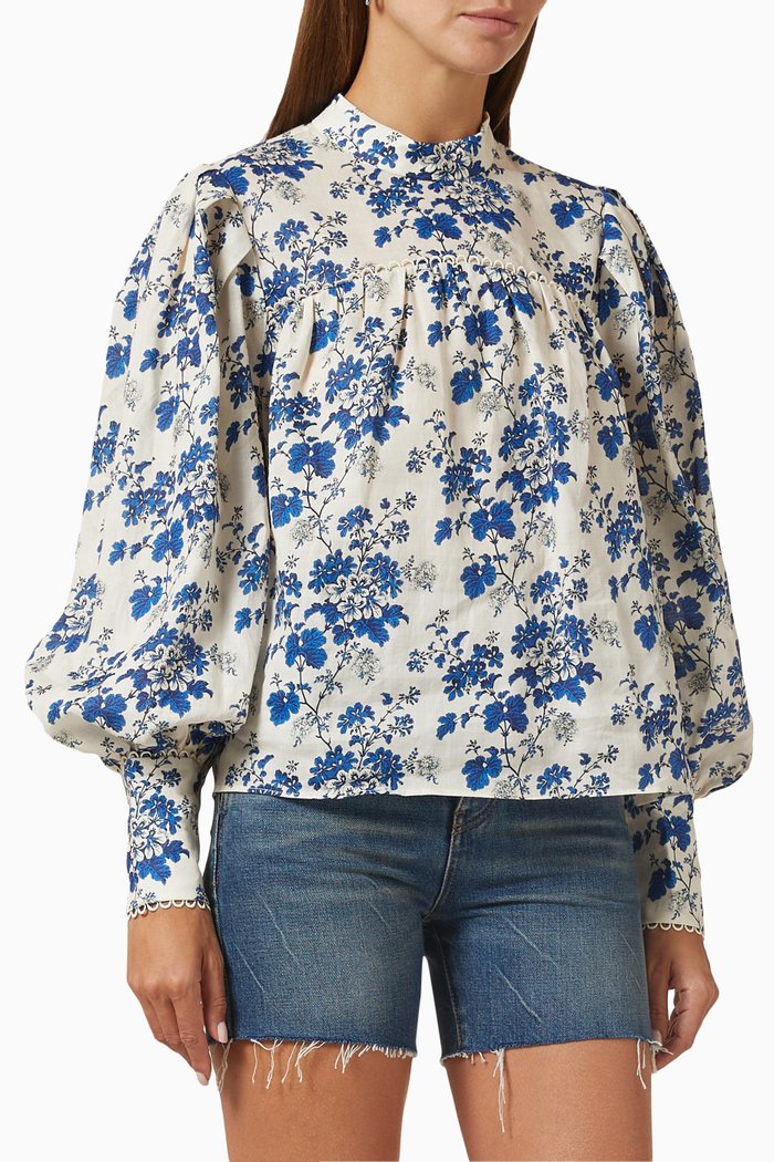 

Flourish Long-sleeve Top in Ramie, Blue