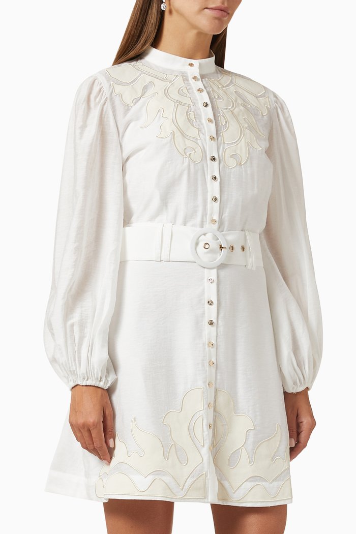 

Deep Water Long-sleeve Mini Dress in Linen-viscose Bend, White