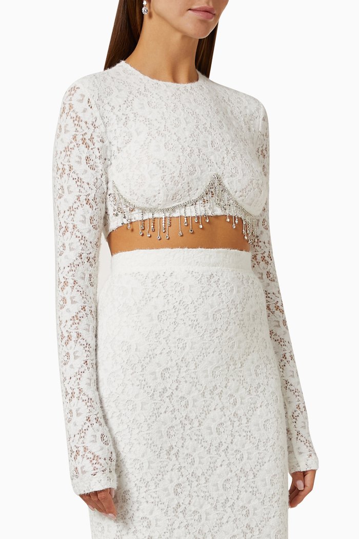 

Crystal Fringe Crop Top in Lace, Neutral