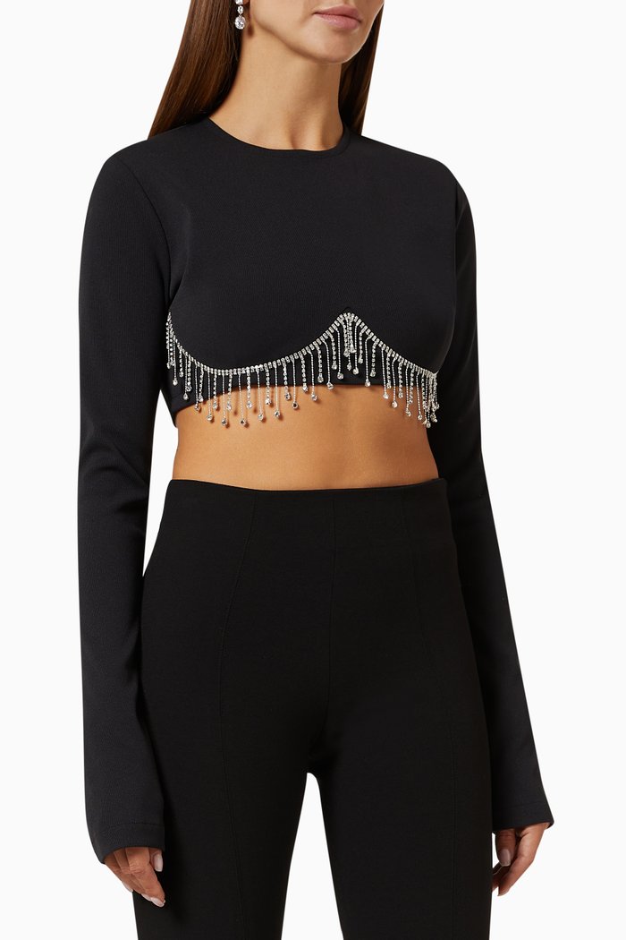 

Crystal Fringe Crop Top in Jersey, Black