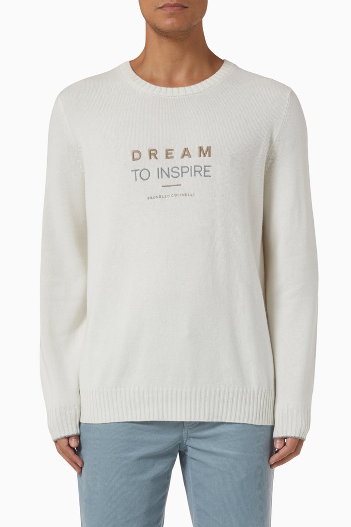

Embroidered Slogan Sweater in Cashmere, White