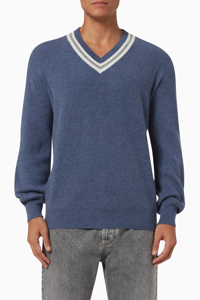 

English Rib V-neck Sweater in Cashmere, Blue