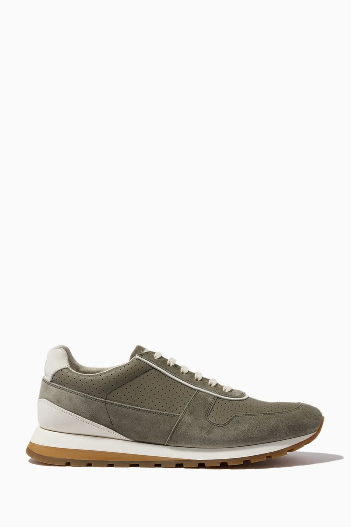 

Runner Sneakers in Perforated Leather & Washed Suede, Green