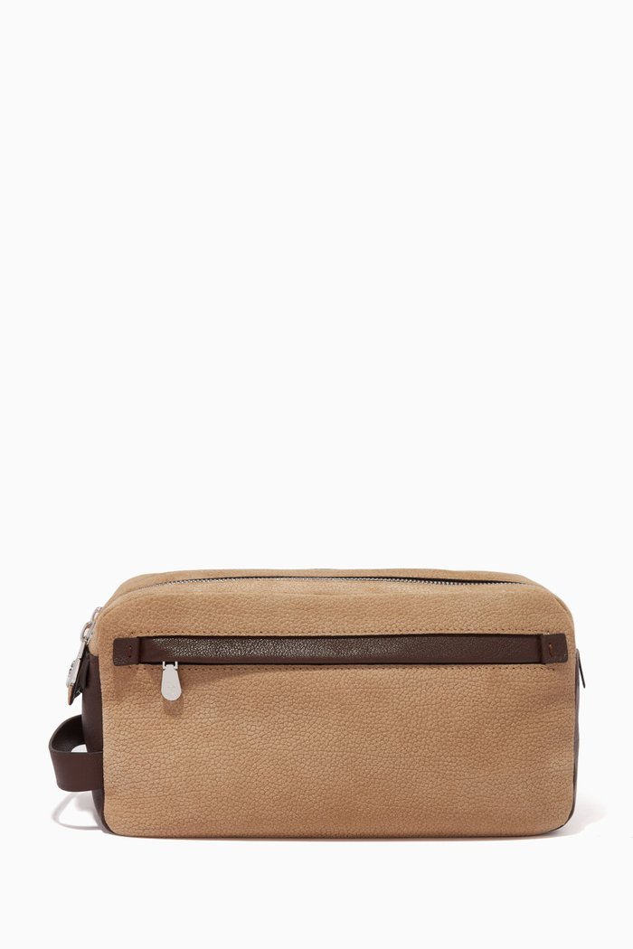 

Wash Bag in Textured Suede & Buffalo Leather, Brown