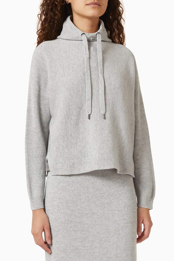 

Hooded Sweater in Virgin Wool, Cashmere & Silk Horizontal Rib, Grey