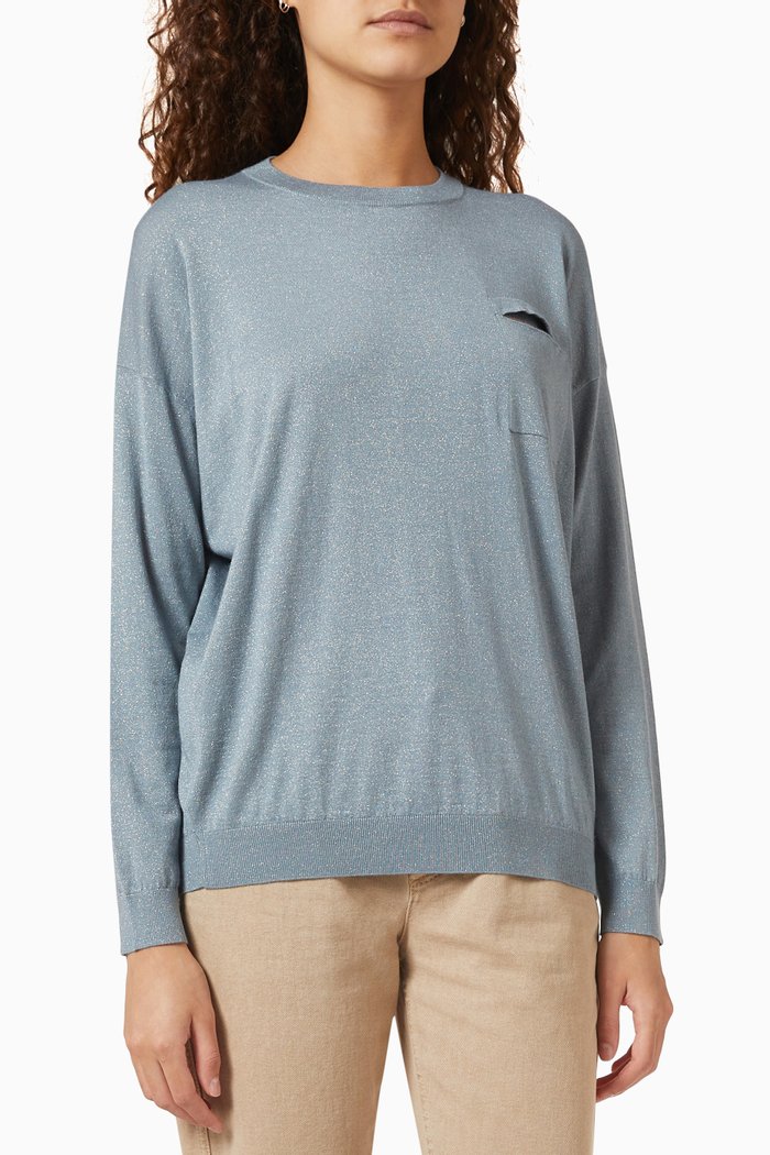 

Lightweight Sweater in Lamé Cashmere & Silk, Blue