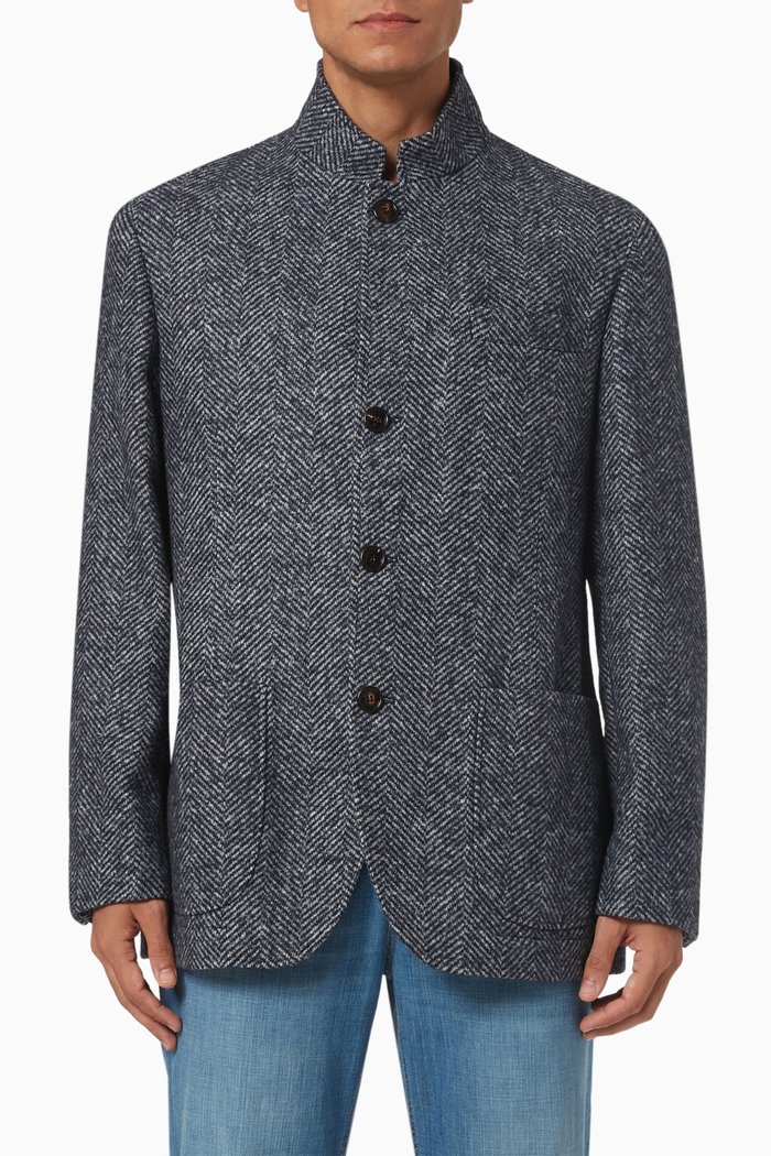 

Notched-collar Blazer in Wool-blend Chevron Knit, Blue