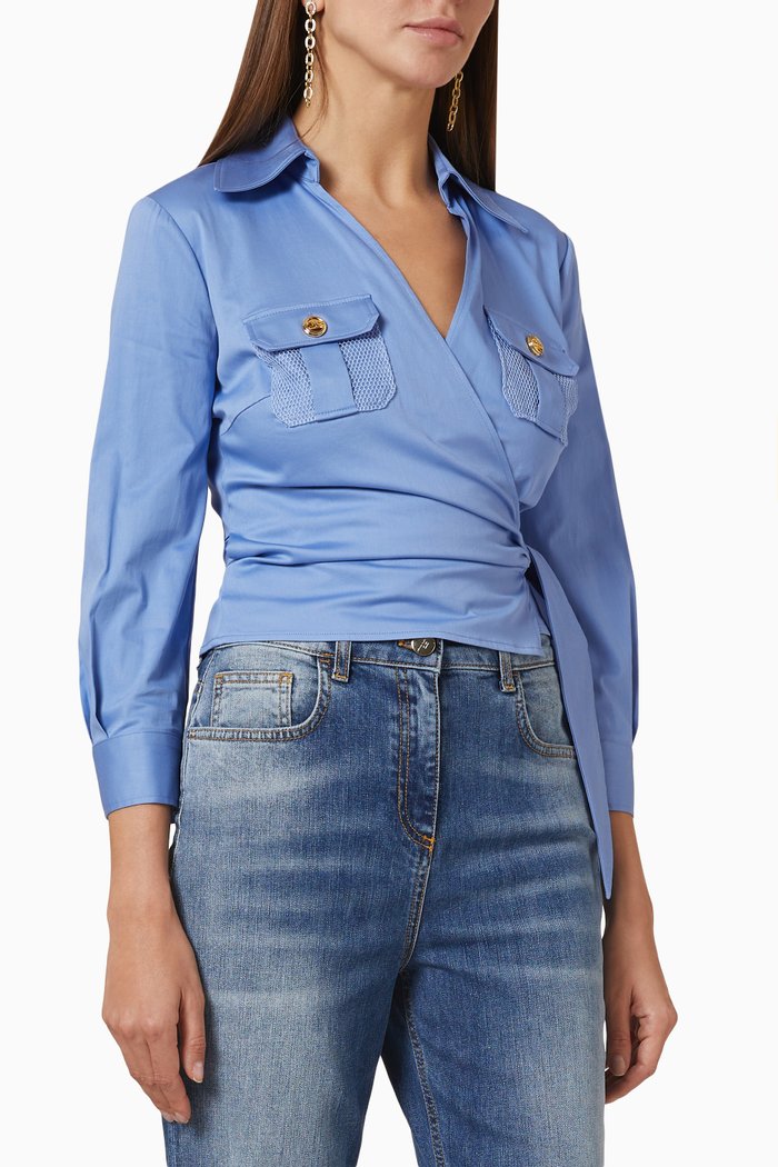 

Safari Wrap Shirt in Stretch Cotton Satin, Blue