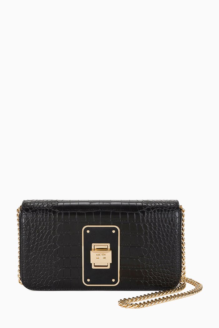 Shoulder Bag in Croc-embossed Faux Leather, Black