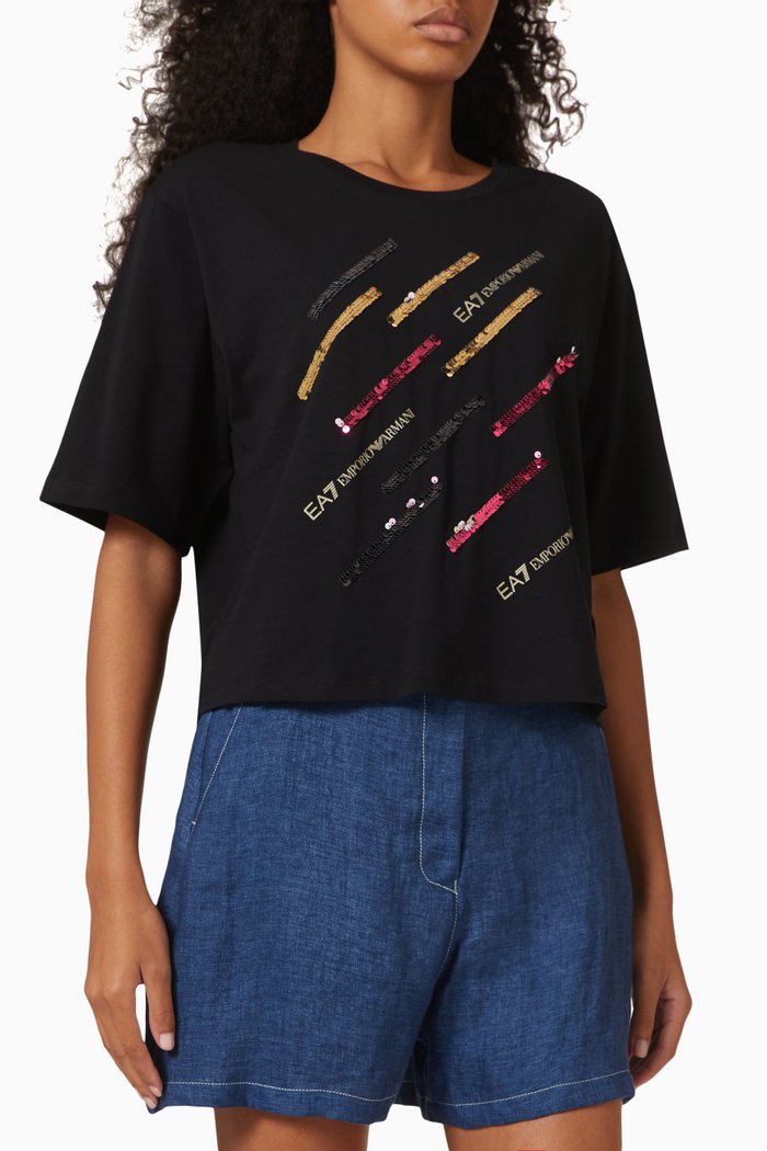

EA7 Train Logo Sequin T-shirt in Cotton Jersey, Black