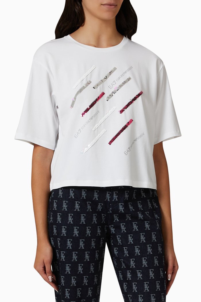 EA7 Train Logo Sequin T-shirt in Cotton Jersey, White