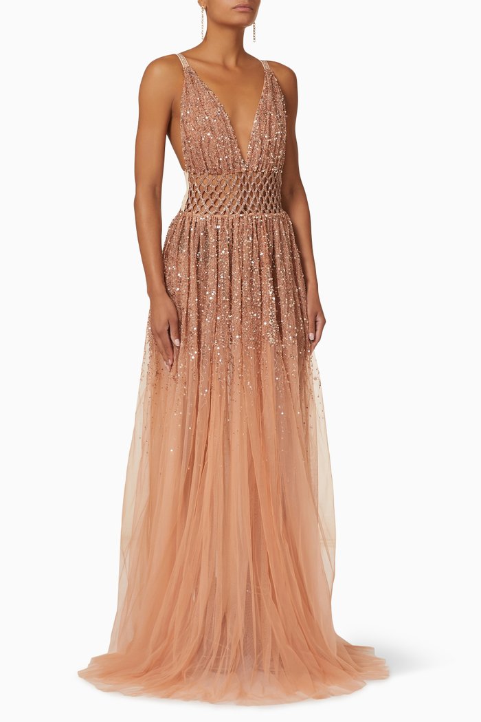 

Maxi Dress in Sequin Bead Tulle, Brown