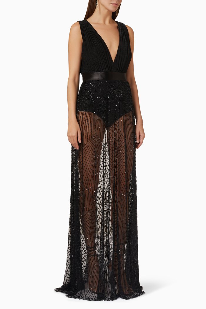 

Maxi Dress in Lamé jersey & Sequin Bead Tulle, Black