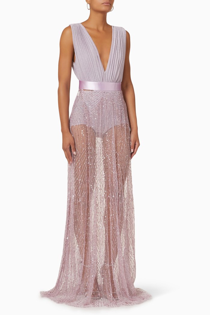 

Maxi Dress in Lamé jersey & Sequin Bead Tulle, Purple
