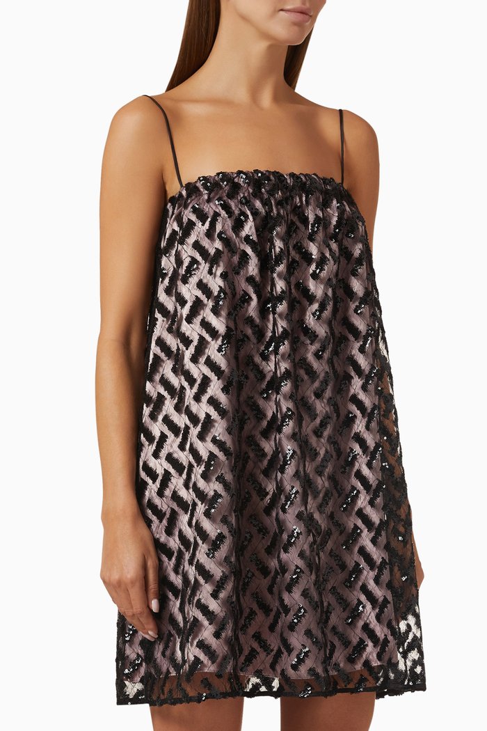 

Geometric Sequinned Mini Dress in Mesh, Black