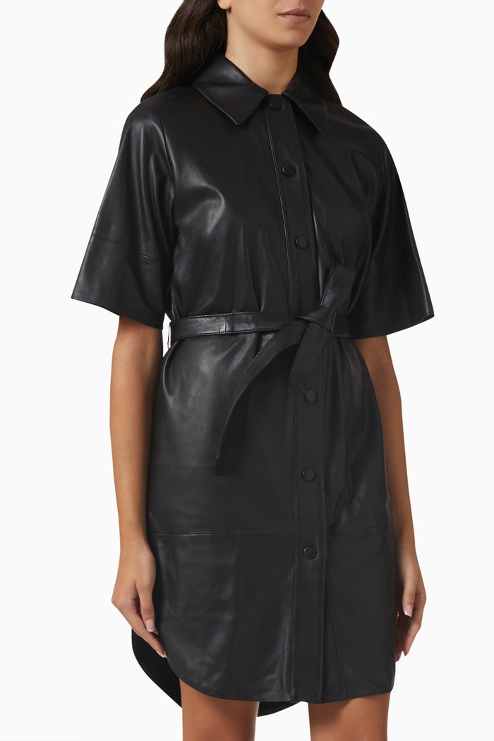 

Belted Mini Shirt Dress in Nappa, Black