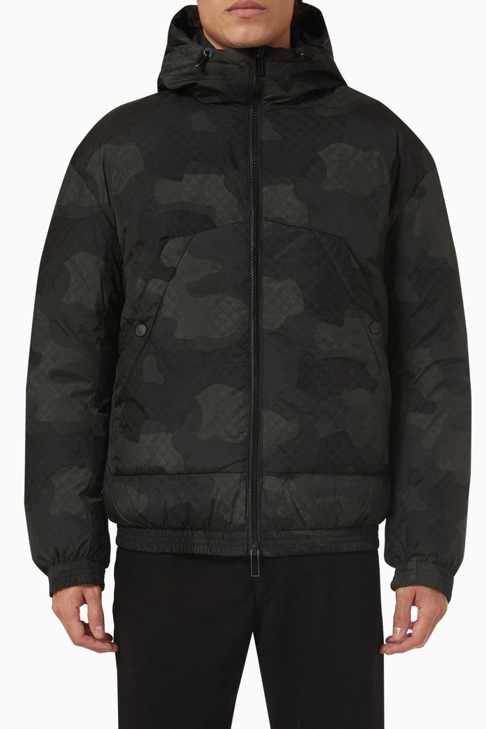 

Camo-print Hooded Puffer Jacket in Nylon, Green