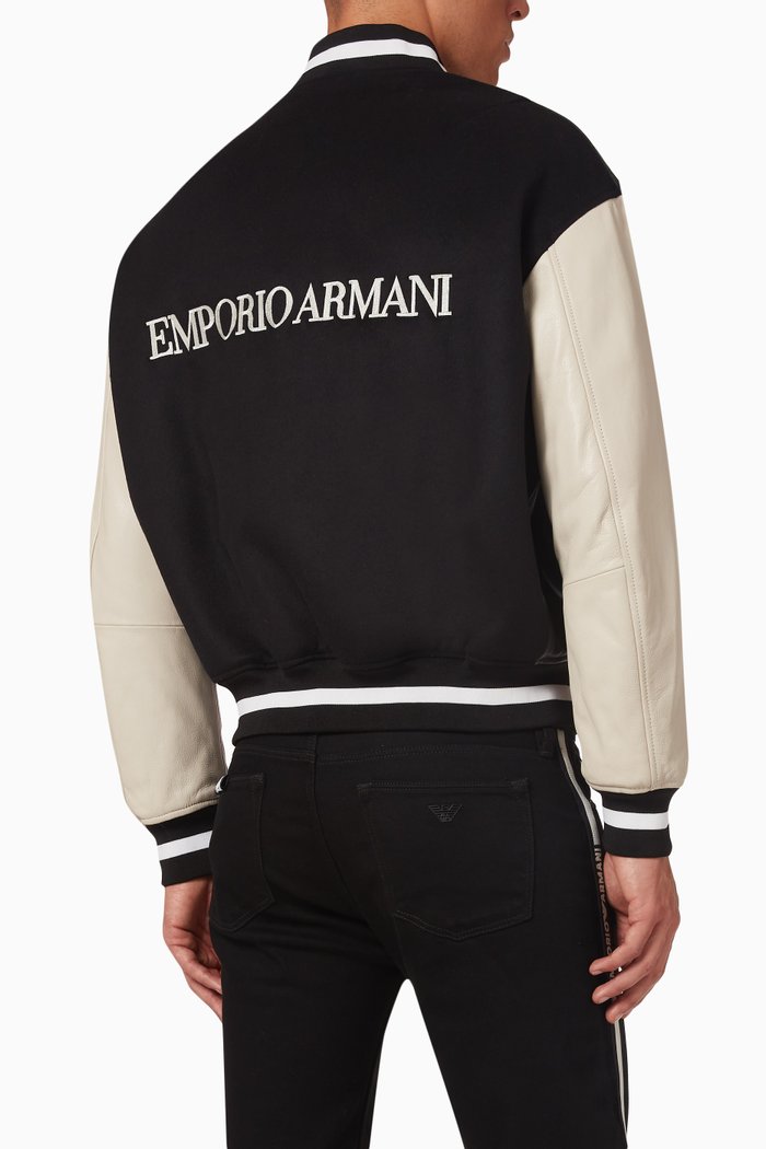 

College Logo Bomber Jacket in Leather, Black